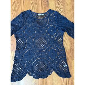 Cato Crochet Lace Tunic Top M Navy Sheer Openwork Boho Festival Scalloped
